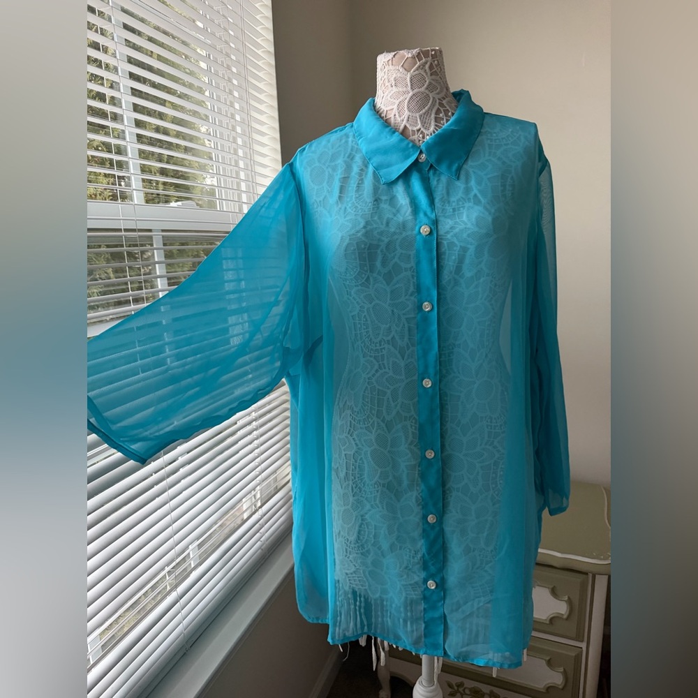 EUC Roaman’s Sheer Blue Button-Up Blouse Plus Size 2X Turquoise Beach Cover Up
